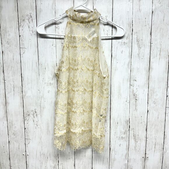 Guess Tops - Guess Empire Women’s Small Sheer Lace Romantic Golden Ivory Dressy Turtleneck